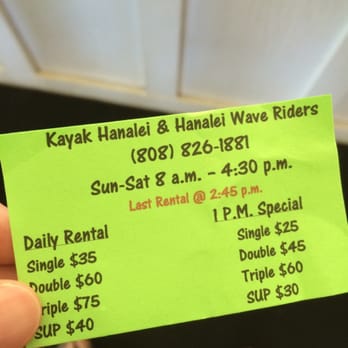 Kayak Hanalei - Prices as of 12/2/14. We went with the single kayak. - Tours Near Me - Hanalei, Hawaii Kayak Hanalei - Prices as of 12/2/14. We went with the single kayak. - Tours Near Me - Hanalei, Hawaii