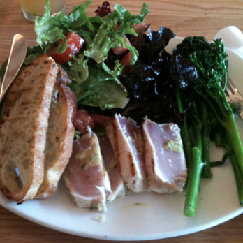 Tender Greens - hot plate with tender greens (add tomato), herb brushed albacore, broccolini instead of mashed potato and two crostinis - New American Near Me - Pasadena, California Tender Greens - hot plate with tender greens (add tomato), herb brushed albacore, broccolini instead of mashed potato and two crostinis - New American Near Me - Pasadena, California