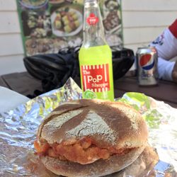 Lake Side - Chicken sandwich with peppers and cheese. It's a good size for sharing if you're just looking for something to snack on.