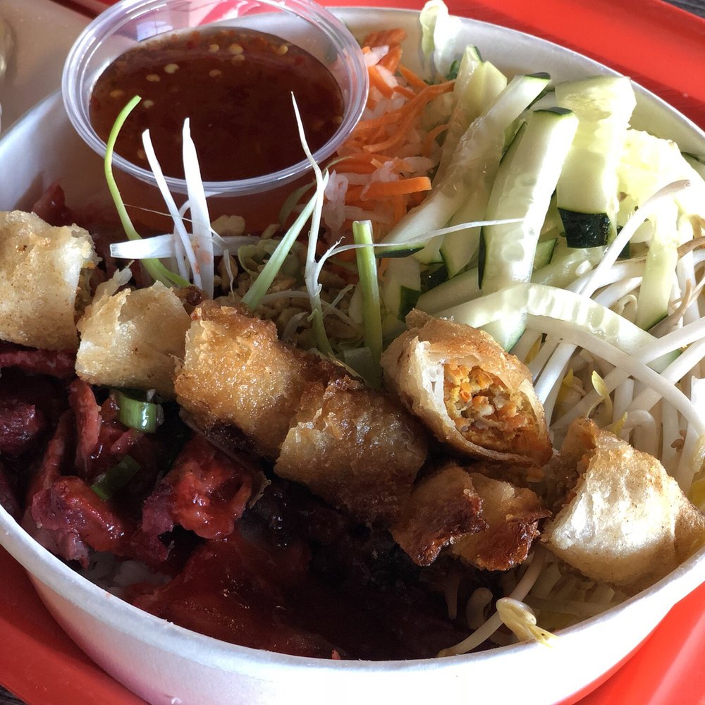 Cafe Trang Bistro - Vermicelli noodle dish with honey glazed pork and fried egg rolls (I'd ask for more lettuce) - Vietnamese Near Me - Lehi, Utah Cafe Trang Bistro - Vermicelli noodle dish with honey glazed pork and fried egg rolls (I'd ask for more lettuce) - Vietnamese Near Me - Lehi, Utah