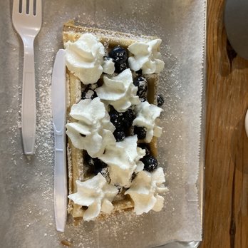 Benelux Café - Blueberry waffle with whipped cream - Coffee & Tea Near Me - Raleigh, North Carolina