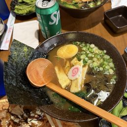Miso ramen (far) and Kiichi Shoyu with chicken (close up). Miso ramen (far) and Kiichi Shoyu with chicken (close up).