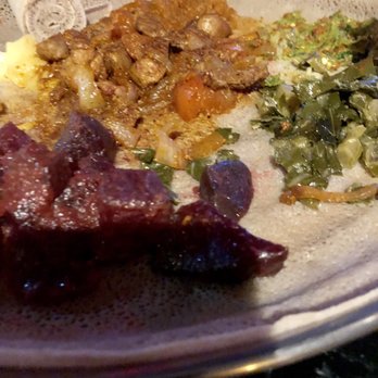 Tabor Ethiopian Restaurant - The 50/50 combo: 4 veggies of my choice and 1 meat. - Ethiopian Near Me - Baltimore, Maryland