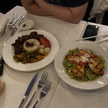 Cafe Santorini - FARFALLE CON PESTO POLLO, BEEF BROCHETTE - Italian Near Me - Pasadena, California