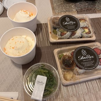 Silver Rice - Regular Salmon Roll, Regular Tuna Roll with Advocado, Seaweed Salad, and Vanilla Ice Cream - Japanese Near Me - Brooklyn, New York Silver Rice - Regular Salmon Roll, Regular Tuna Roll with Advocado, Seaweed Salad, and Vanilla Ice Cream - Japanese Near Me - Brooklyn, New York