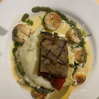 The Wharf - Scallops with grilled veggies (eggplant and peppers and cheese) over mashed potatoes - Seafood Near Me - Fort Bragg, California The Wharf - Scallops with grilled veggies (eggplant and peppers and cheese) over mashed potatoes - Seafood Near Me - Fort Bragg, California