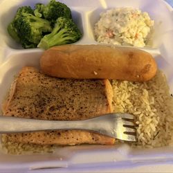 Captain D's - The Grilled Wild Alaska Salmon Meal with broccoli and coleslaw. Nice sized piece of salmon.