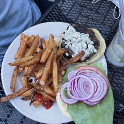Pour Judgement Bar and Grill - Burger with blue cheese and fries