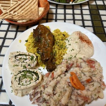 La Mediterranee - Lunch plate: 2 levant sandwiches, pomegranate chicken, Armenian potato salad - Mediterranean Near Me - Berkeley, California