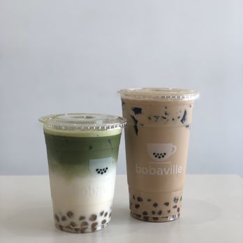 Bobaville - matcha latte with boba and black milk tea added boba also grass jelly! - Coffee & Tea Near Me - Daly City, California Bobaville - matcha latte with boba and black milk tea added boba also grass jelly! - Coffee & Tea Near Me - Daly City, California