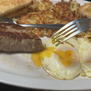 Curbside Cafe - STEAK and EGGS with hash browns and sourdough toast -- you gotta be quick if you want a photo of Wyatt's breakfast - Breakfast & Brunch Near Me - Vista, California