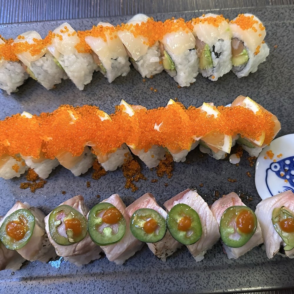 Spiral Flame - Double Hamachi Roll, 49 ers Roll, and Romeo and Juliet Roll - Japanese Near Me - San Bruno, California Spiral Flame - Double Hamachi Roll, 49 ers Roll, and Romeo and Juliet Roll - Japanese Near Me - San Bruno, California