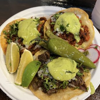 Just Tacos - Top left: Longaniza Taco, top right: Carne Adobada Taco, bottom: Carne Asada Taco - Tacos Near Me - Garfield, New Jersey Just Tacos - Top left: Longaniza Taco, top right: Carne Adobada Taco, bottom: Carne Asada Taco - Tacos Near Me - Garfield, New Jersey