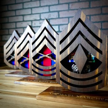 Oak Place Customs - Marine Corps rank-shaped desk cases with personalized bases for displaying medals, ribbons, and military keepsakes. - Engraving Near Me - Murrieta, California Oak Place Customs - Marine Corps rank-shaped desk cases with personalized bases for displaying medals, ribbons, and military keepsakes. - Engraving Near Me - Murrieta, California