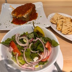 Go To Greek - Pita, Greek side salad, and Mousaka