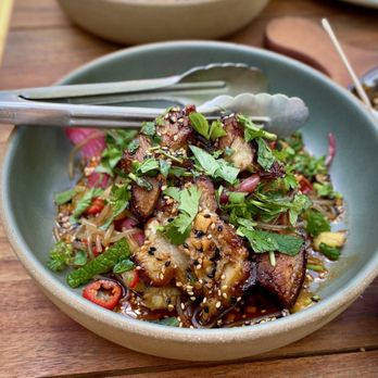 Valley Goat - pork belly noodles (wood-fired pineapple, pickled veggies, chili crunch - $28) - New American Near Me - Sunnyvale, California Valley Goat - pork belly noodles (wood-fired pineapple, pickled veggies, chili crunch - $28) - New American Near Me - Sunnyvale, California