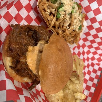 Victory Sandwich Bar - Pulled pork sandwich with a side of ramen - Bars Near Me - Decatur, Georgia