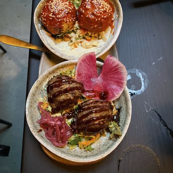 The River Downtown - Gochujang chicken (top) and Bahn Mi beef (bottom) Meatballs - Wine Bars Near Me - Nevada City, California The River Downtown - Gochujang chicken (top) and Bahn Mi beef (bottom) Meatballs - Wine Bars Near Me - Nevada City, California