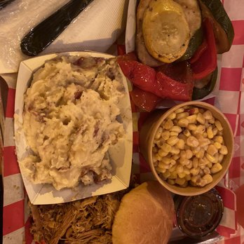 Fat Bob's Smokehouse - Pulled chicken sandwich, Cajun corn, mashed potatoes and grilled veggies - Barbeque Near Me - Buffalo, New York Fat Bob's Smokehouse - Pulled chicken sandwich, Cajun corn, mashed potatoes and grilled veggies - Barbeque Near Me - Buffalo, New York