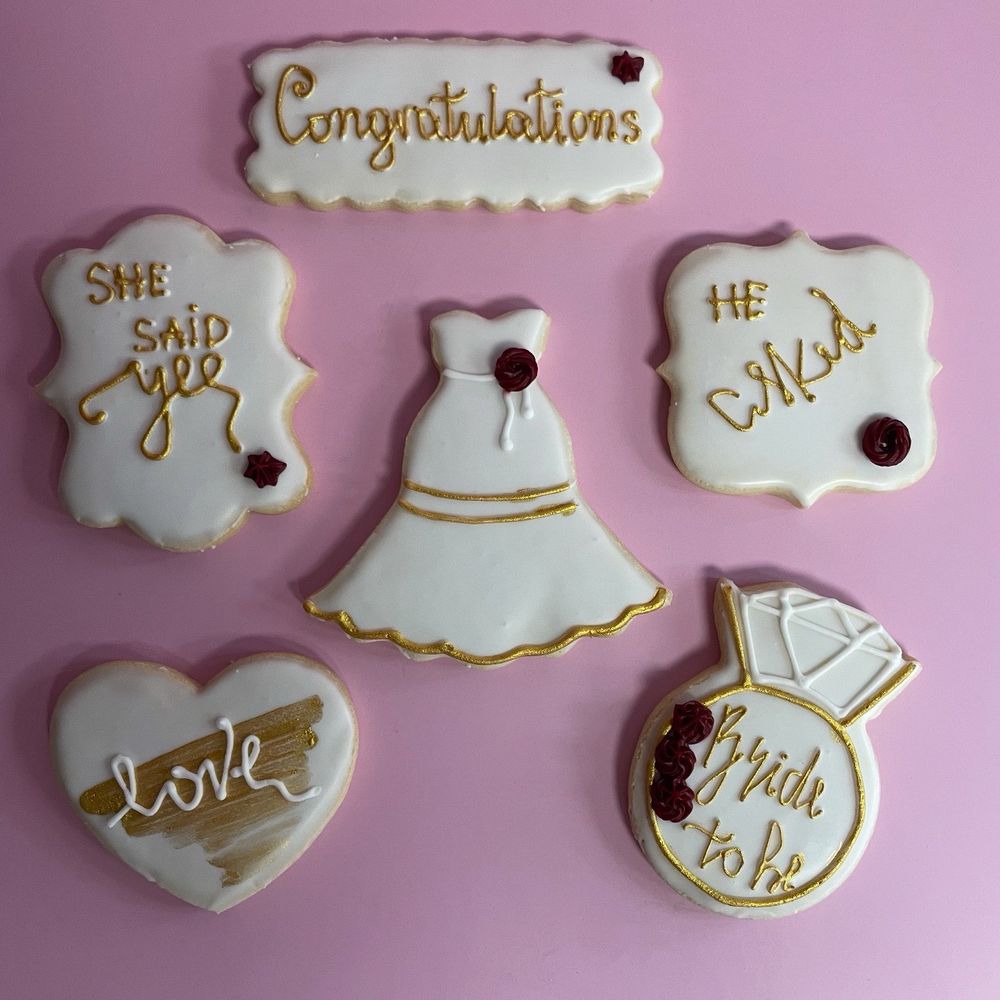 Cookies by Design - Engagement party cookies with roses and gold trim color matched to exact shade for wedding colors. - Desserts Near Me - Boca Raton, Florida Cookies by Design - Engagement party cookies with roses and gold trim color matched to exact shade for wedding colors. - Desserts Near Me - Boca Raton, Florida