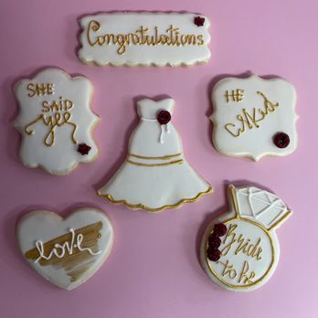 Cookies by Design - Engagement party cookies with roses and gold trim color matched to exact shade for wedding colors. - Desserts Near Me - Boca Raton, Florida Cookies by Design - Engagement party cookies with roses and gold trim color matched to exact shade for wedding colors. - Desserts Near Me - Boca Raton, Florida