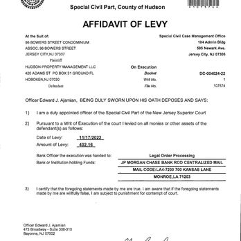 Hudson Property Management - Affidavit of Levy Against Hudson Property Management Assets in Chase Bank - Property Management Near Me - Hoboken, New Jersey