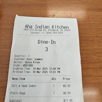 AHA Indian Kitchen - My bill - Indian Near Me - Richmond, Virginia