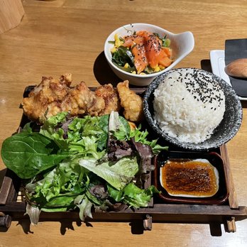 Shinya Shokudo - karaage rice bowl + salmon seaweed salad with some salmon eaten - Izakaya Near Me - Seattle, Washington Shinya Shokudo - karaage rice bowl + salmon seaweed salad with some salmon eaten - Izakaya Near Me - Seattle, Washington