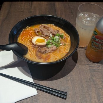 Momiji - Beef Ramen (spicy) W/ Mango Creamy Soda - Ramen Near Me - Colma, California Momiji - Beef Ramen (spicy) W/ Mango Creamy Soda - Ramen Near Me - Colma, California