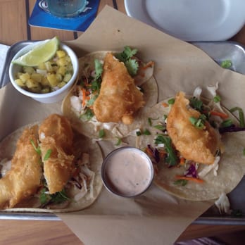Lost Roo - Baja fish tacos with pineapple mango salsa! The fish was cooked perfectly flaky! The salsa balanced everything out great. - American Near Me - Long Beach, Washington