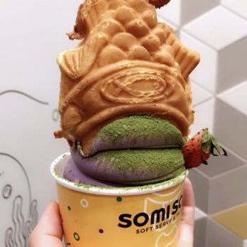 Somisomi - Ah-boong upside down, matcha ube swirl + matcha powder and strawberry - Desserts Near Me - Cupertino, California Somisomi - Ah-boong upside down, matcha ube swirl + matcha powder and strawberry - Desserts Near Me - Cupertino, California