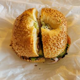 Lox and cream cheese, on sesame bagel