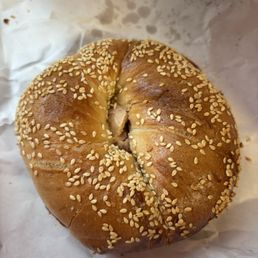 Sesame bagel toasted with tart cherry honey cream cheese Sesame bagel toasted with tart cherry honey cream cheese