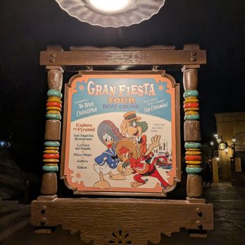 Mexico Pavilion - Outside Gran Fiesta Tour Starring The Three Caballeros at Mexico Pavilion at World Showcase at EPCOT at Walt Disney World Resort. Sign. - Amusement Parks Near Me - Orlando, Florida
