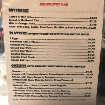 Race Car Diner - Breakfast menu page one - Diners Near Me - Astatula, Florida