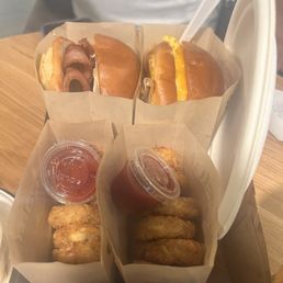 Breakfast sandwich and hash browns