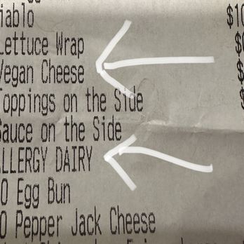 Hopdoddy Burger Bar - Receipt reflecting the dairy allergy and request for vegan cheese for another order of ours. - Burgers Near Me - Richmond, Texas