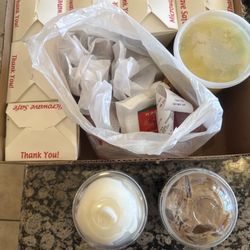 Family meal with lychee drink and boba tea
