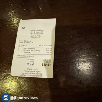 Gino's Restaurant - Receipt - Italian Near Me - New Westminster, British Columbia