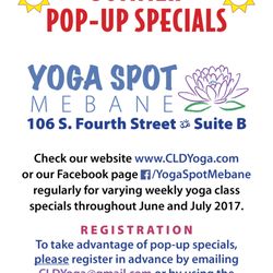 YOGA SPOT Mebane - Summer Pop-Up Specials! Varying $5 classes in June & July. Check website for details.