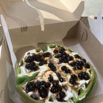 Mochi Waffle Corner  - combo 1, w pandan, after we poured toppings - Waffles Near Me - Mountain View, California