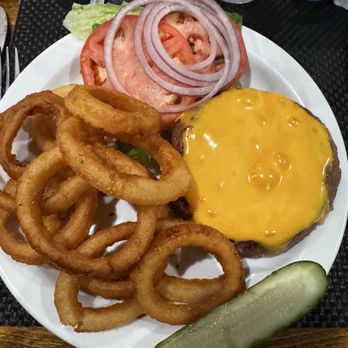Jacks by the Tracks - Beyond burger (no bun as asked) with onion rings.  It was tasty! - American Near Me - Belmar, New Jersey