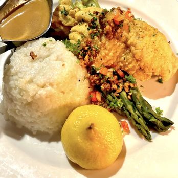 Cafe Sbisa - Catfish with shrimp, grits and asparagus - Southern Near Me - New Orleans, Louisiana