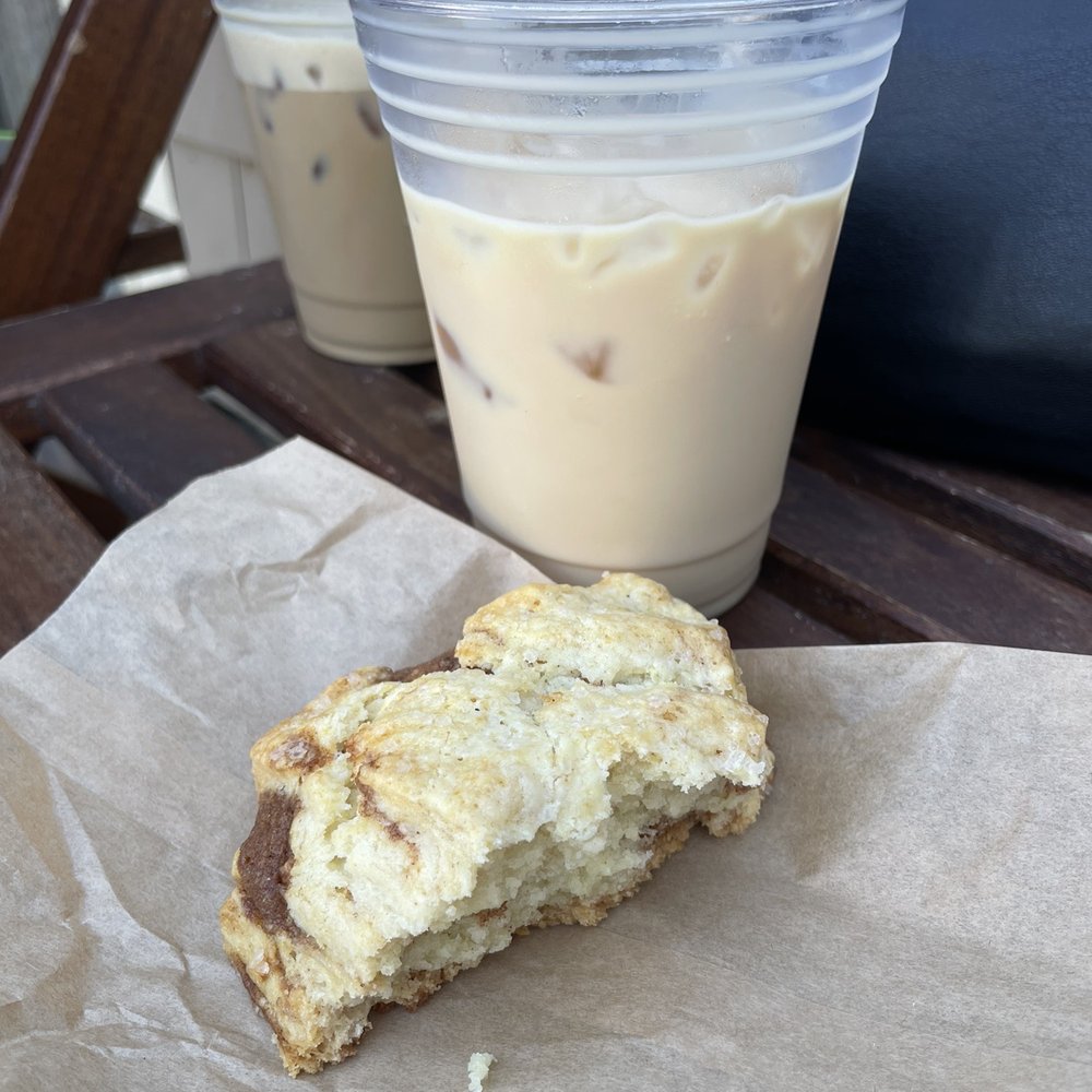 Iced chai latte and honey cinnamon scone Iced chai latte and honey cinnamon scone