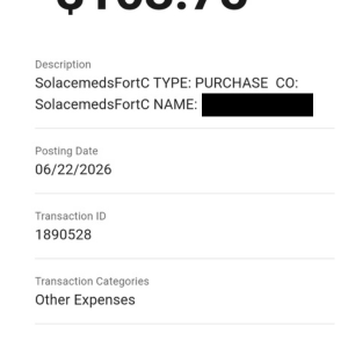 Solace Meds Mason - Bank Ledger Showing Charge - Cannabis Dispensaries Near Me - Fort Collins, Colorado
