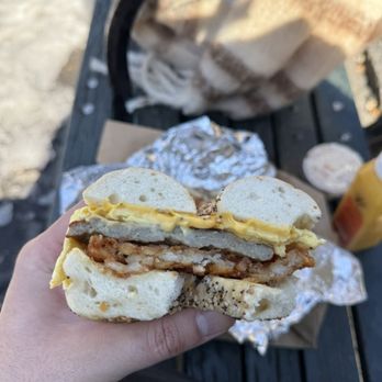 Liberty Bagels - Sausage egg and cheese on an everything bagel! Delicious! - Bagels Near Me - New York, New York
