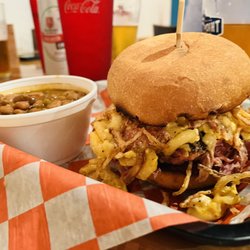 Fuse BBQ - Mac & Pork Sandwich and Beans.