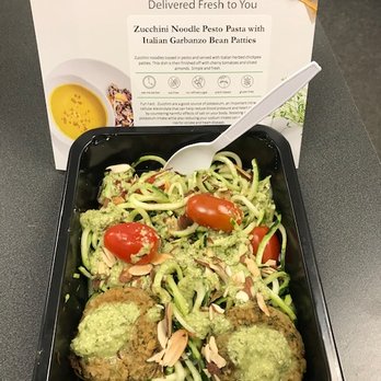 Sprinly - Zucchini Noodle Pesto Pasta with Italian Garbanzo Bean Patties - Food Delivery Services Near Me Sprinly - Zucchini Noodle Pesto Pasta with Italian Garbanzo Bean Patties - Food Delivery Services Near Me