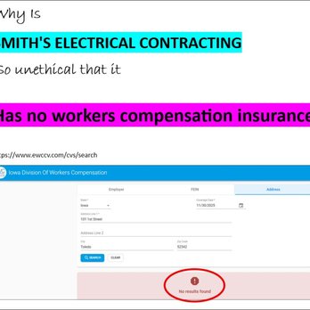 Smith's Electrical Contracting - Smith's Electrical has no Workers Compensation Insurance - Electricians Near Me Smith's Electrical Contracting - Smith's Electrical has no Workers Compensation Insurance - Electricians Near Me