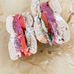 Pumpernickel + Rye - The Lox Smith no onions, add tomatoes. So good!
